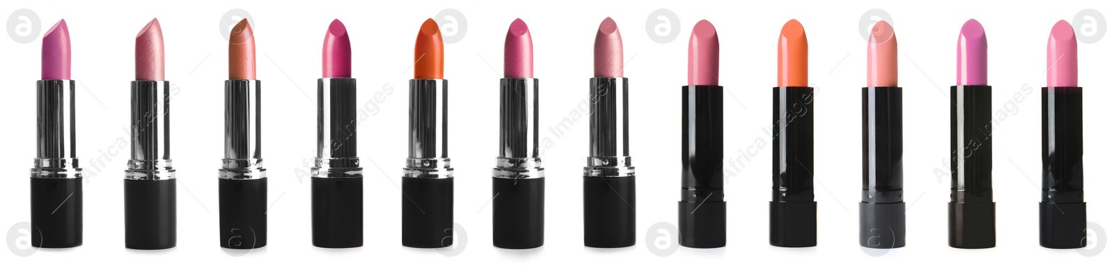 Image of Set with different lipsticks on white background, banner design 