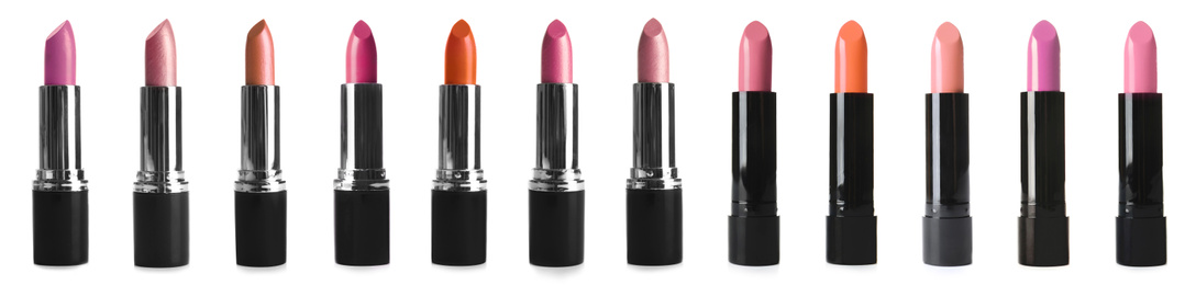 Image of Set with different lipsticks on white background, banner design 