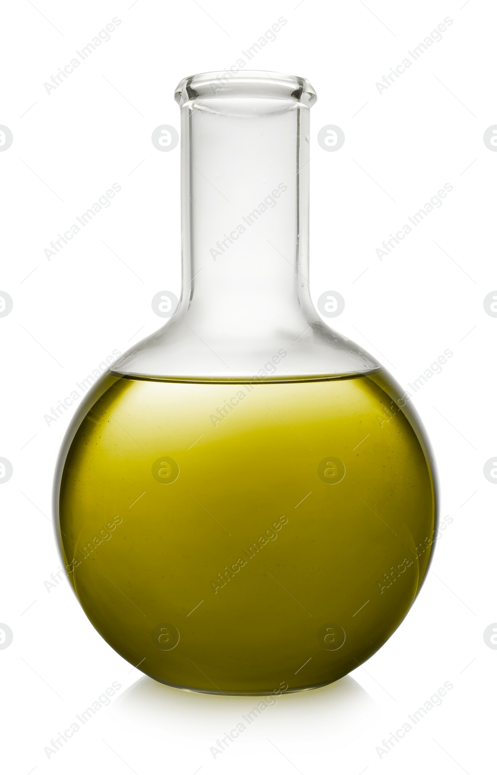 Image of Boiling flask with yellow liquid isolated on white. Laboratory glassware