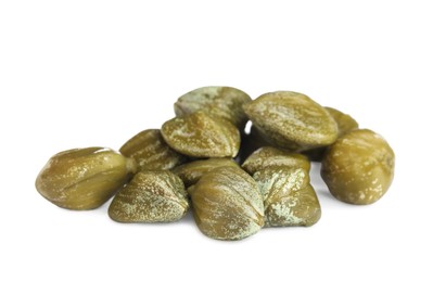 Photo of Pile of delicious pickled capers on white background