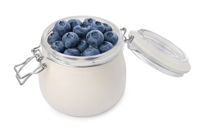 Jar of tasty yogurt with blueberries isolated on white