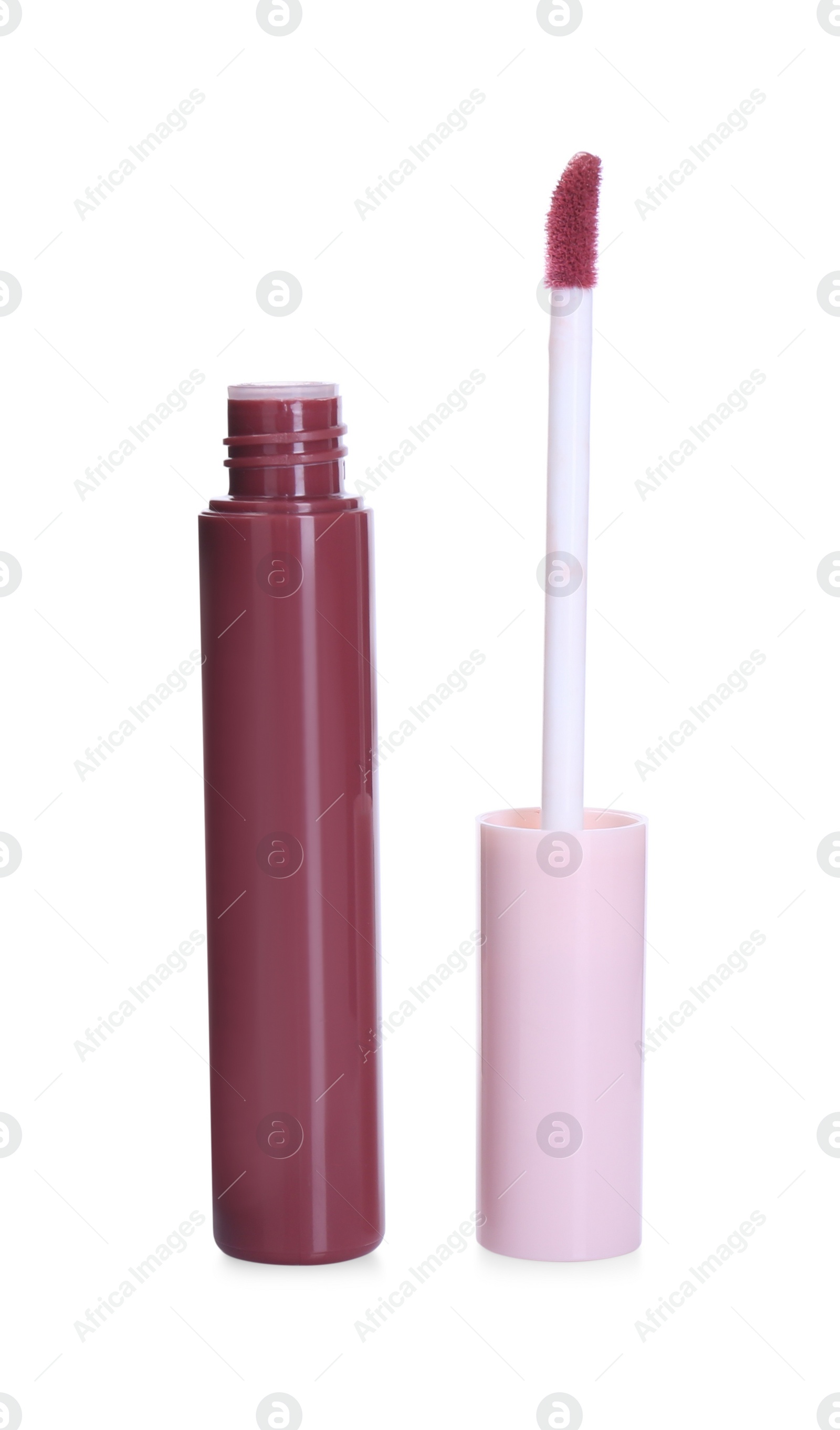Photo of Bright lip gloss and applicator isolated on white