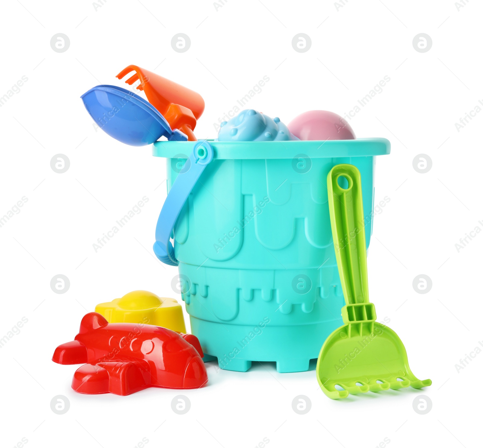 Photo of Set of plastic beach toys on white background