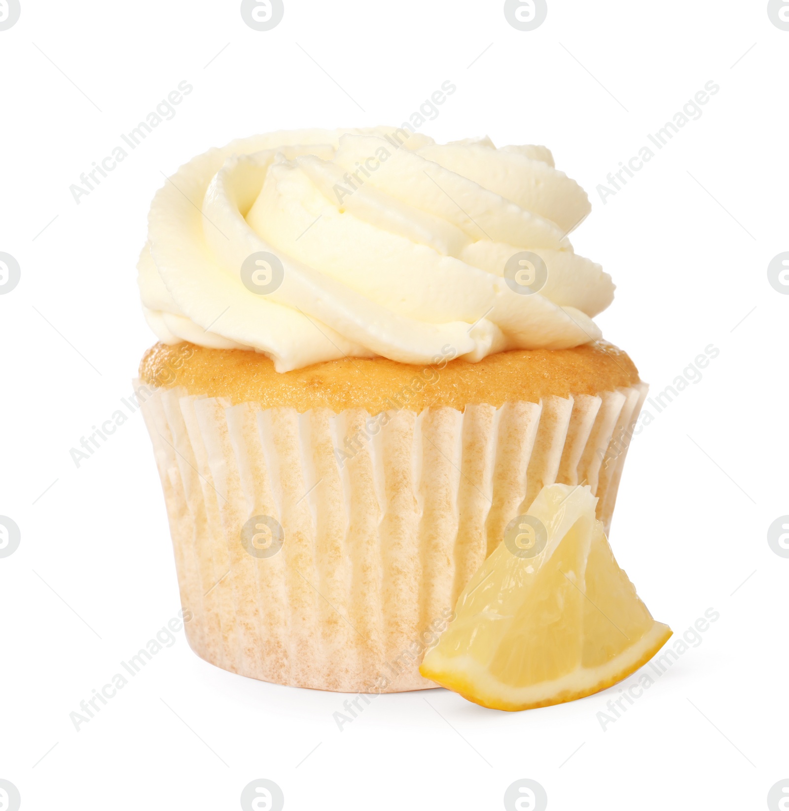 Photo of Delicious lemon cupcake with cream isolated on white