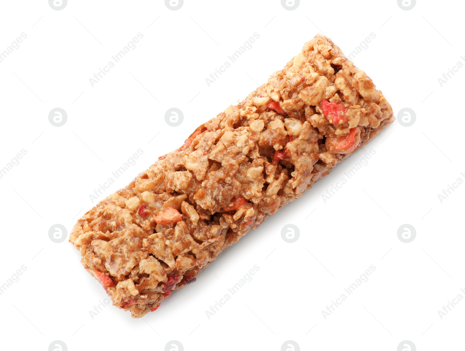 Photo of Tasty protein bar on white background, top view