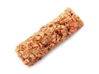 Photo of Tasty protein bar on white background, top view