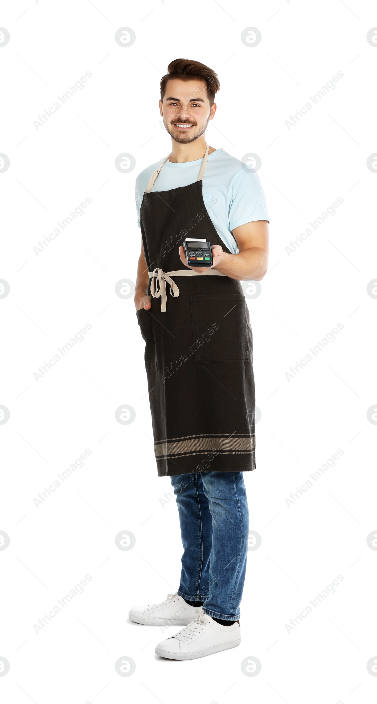 Photo of Waiter with terminal for contactless payment on white background