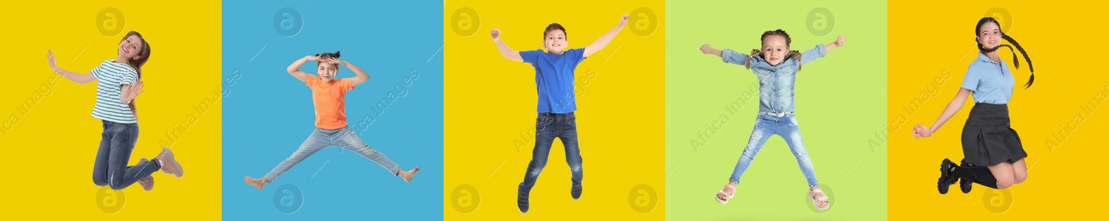 Image of Group of children jumping on color backgrounds, set of photos