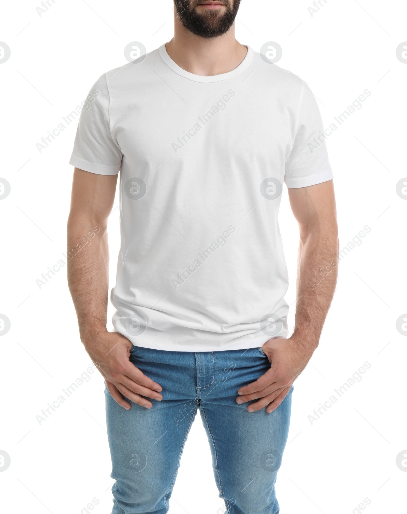 Photo of Young man in t-shirt on white background. Mockup for design