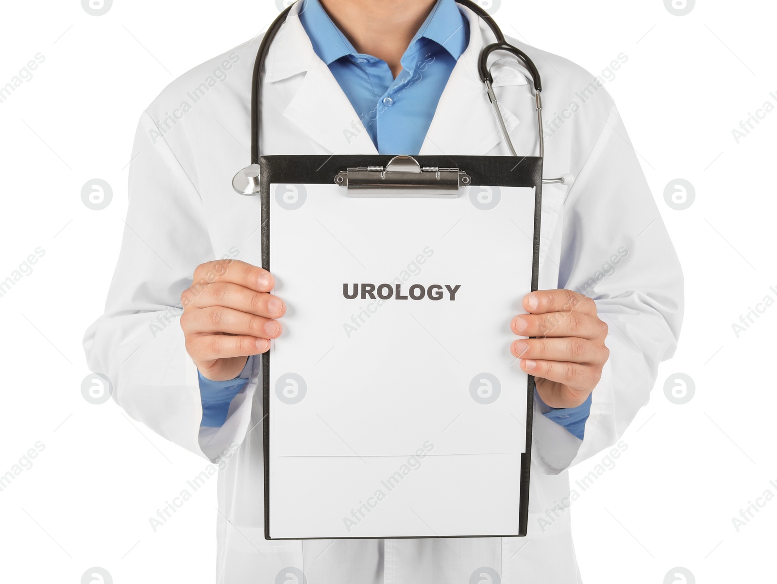 Photo of Male doctor holding clipboard with word UROLOGY on white background