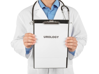 Photo of Male doctor holding clipboard with word UROLOGY on white background