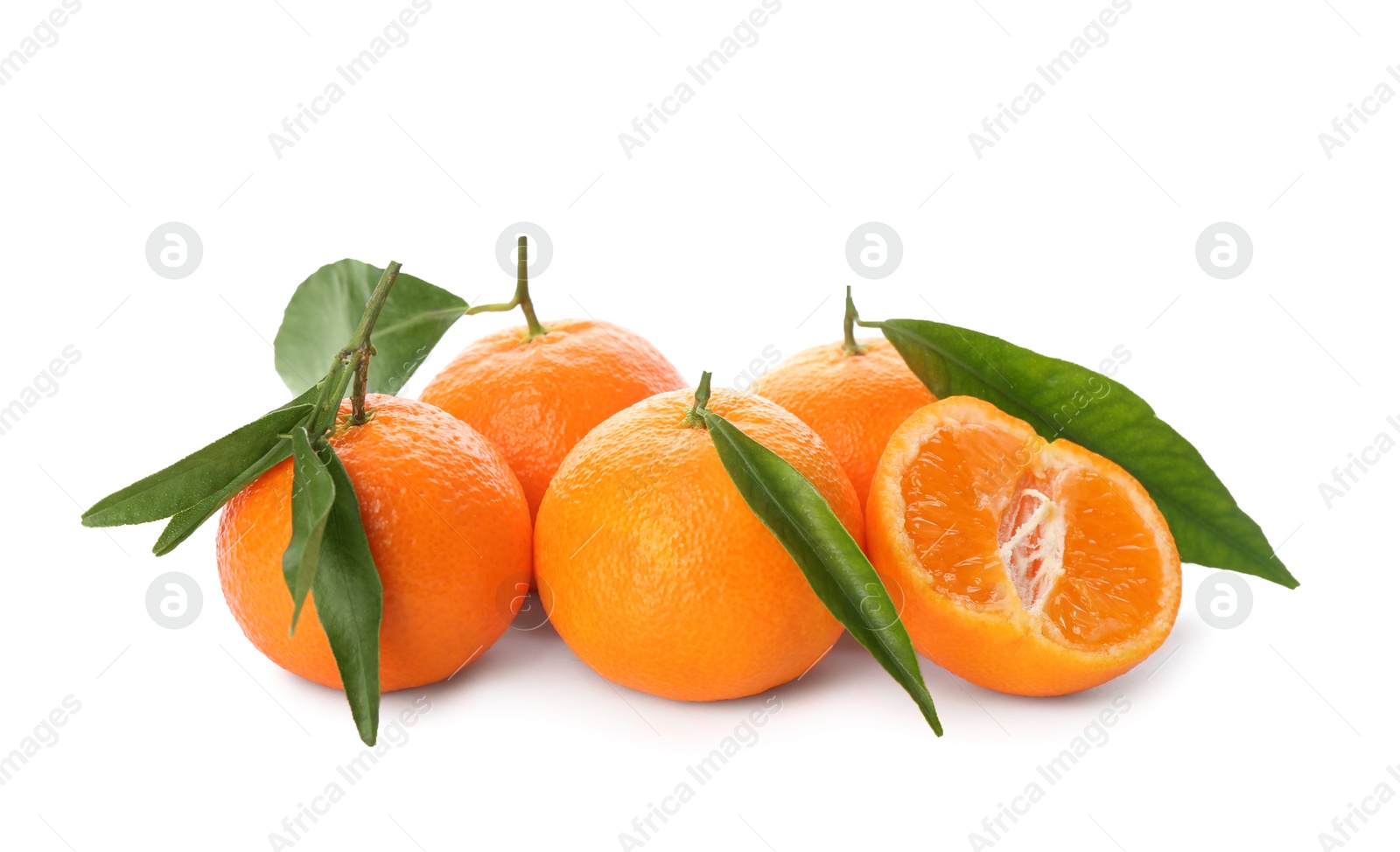 Photo of Fresh ripe tangerines with green leaves on white background