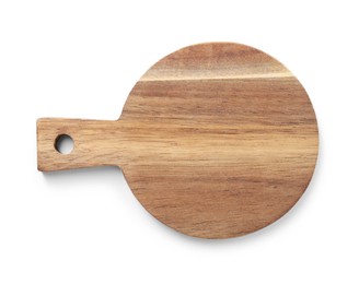 Photo of One wooden cutting board on white background, top view