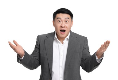 Photo of Shocked businessman in suit posing on white background