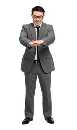 Businessman in suit posing on white background