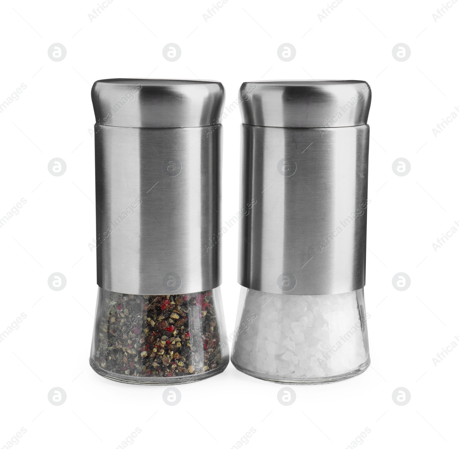 Photo of Salt and pepper shakers isolated on white