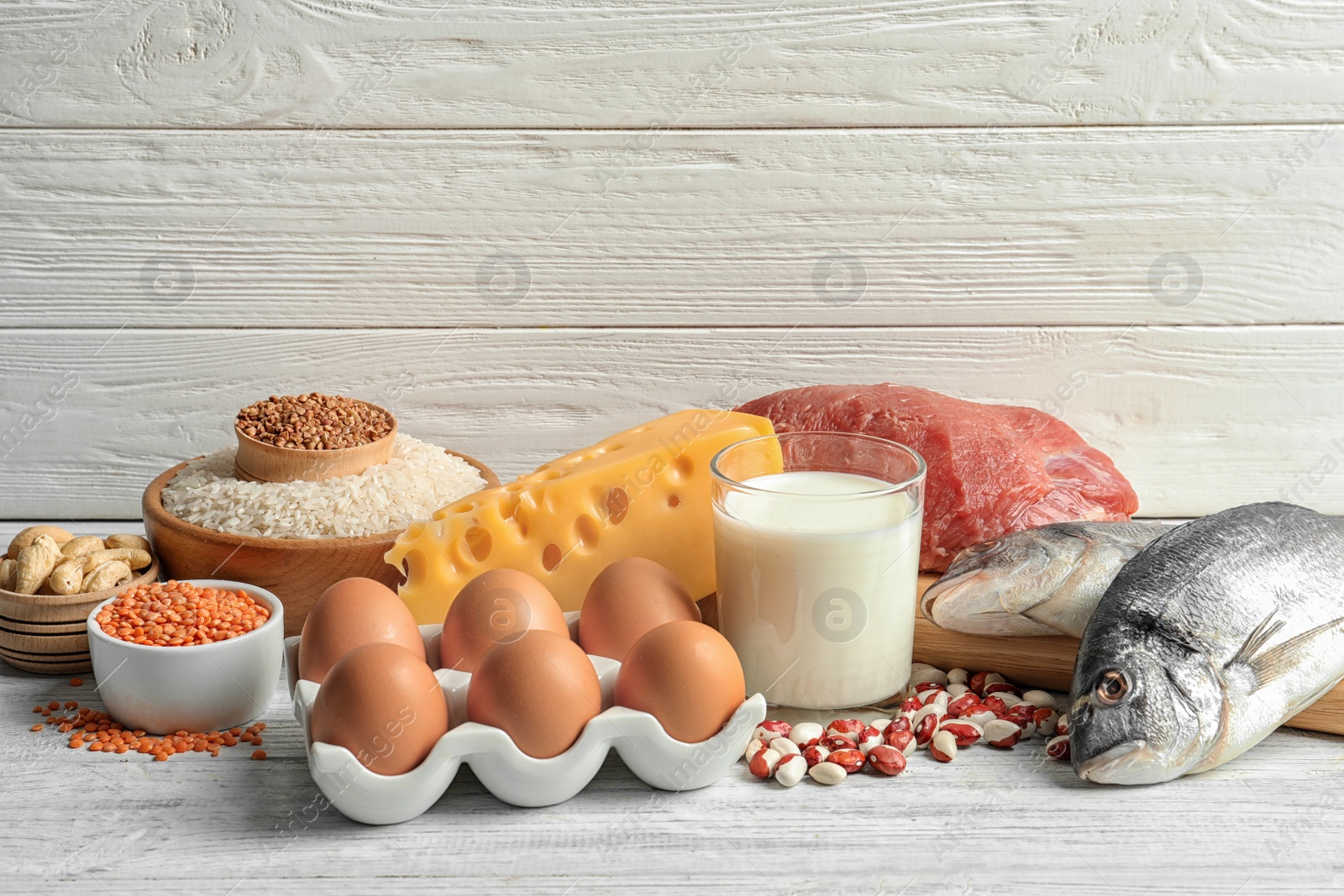 Photo of Different natural food on table. High protein diet