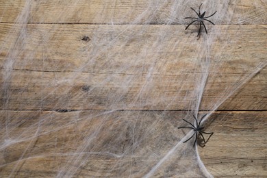 Photo of Cobweb and spiders on wooden surface, top view