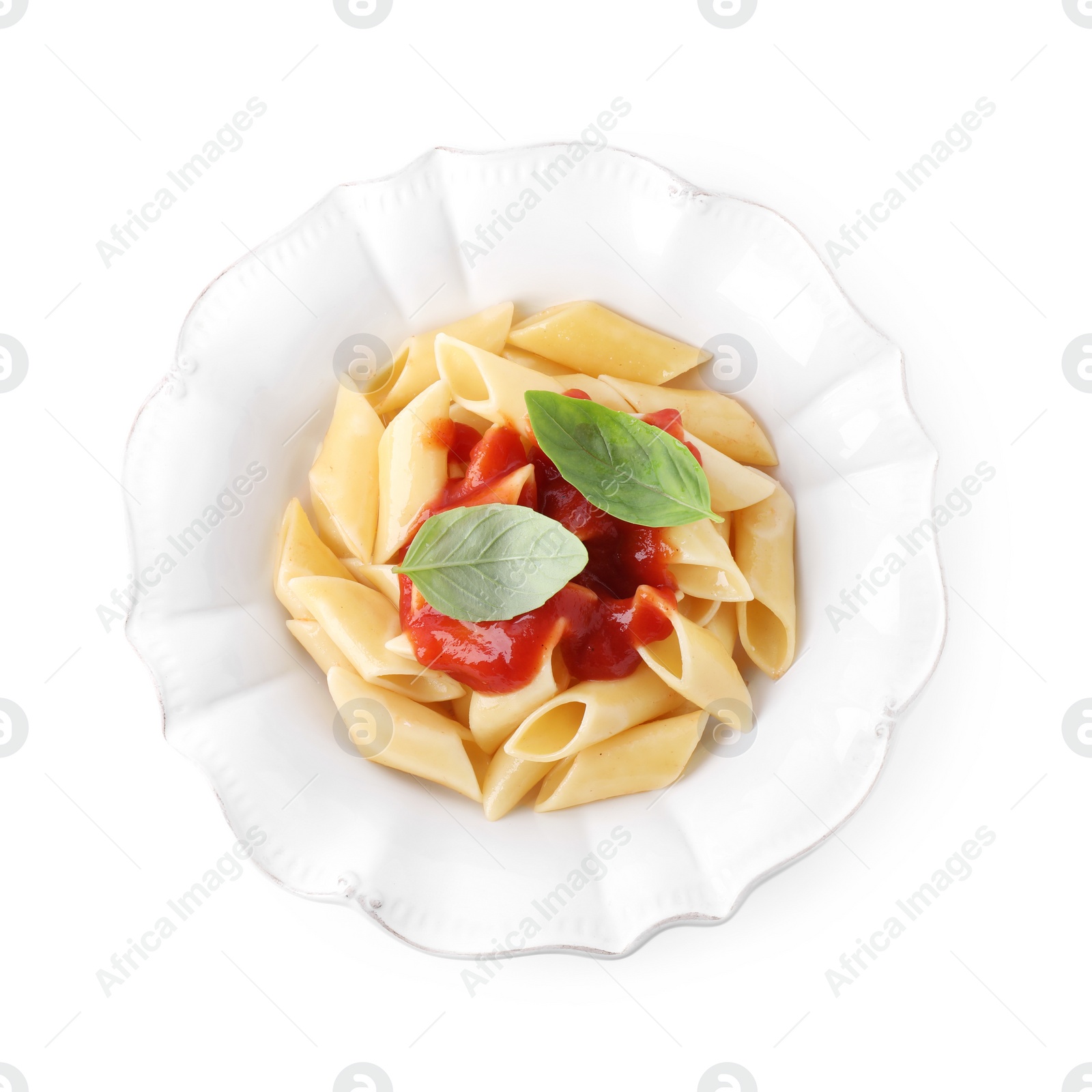 Photo of Delicious maltagliati pasta with tomato sauce isolated on white, top view