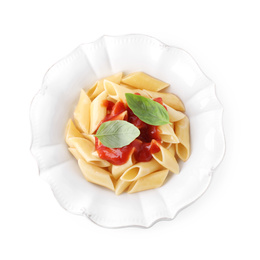 Photo of Delicious maltagliati pasta with tomato sauce isolated on white, top view