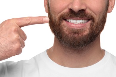 Man showing healthy gums on white background, closeup