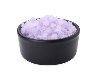 Photo of Bowl with violet sea salt isolated on white