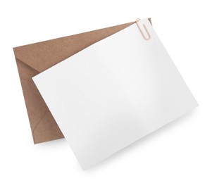 Blank card and letter envelope isolated on white, top view