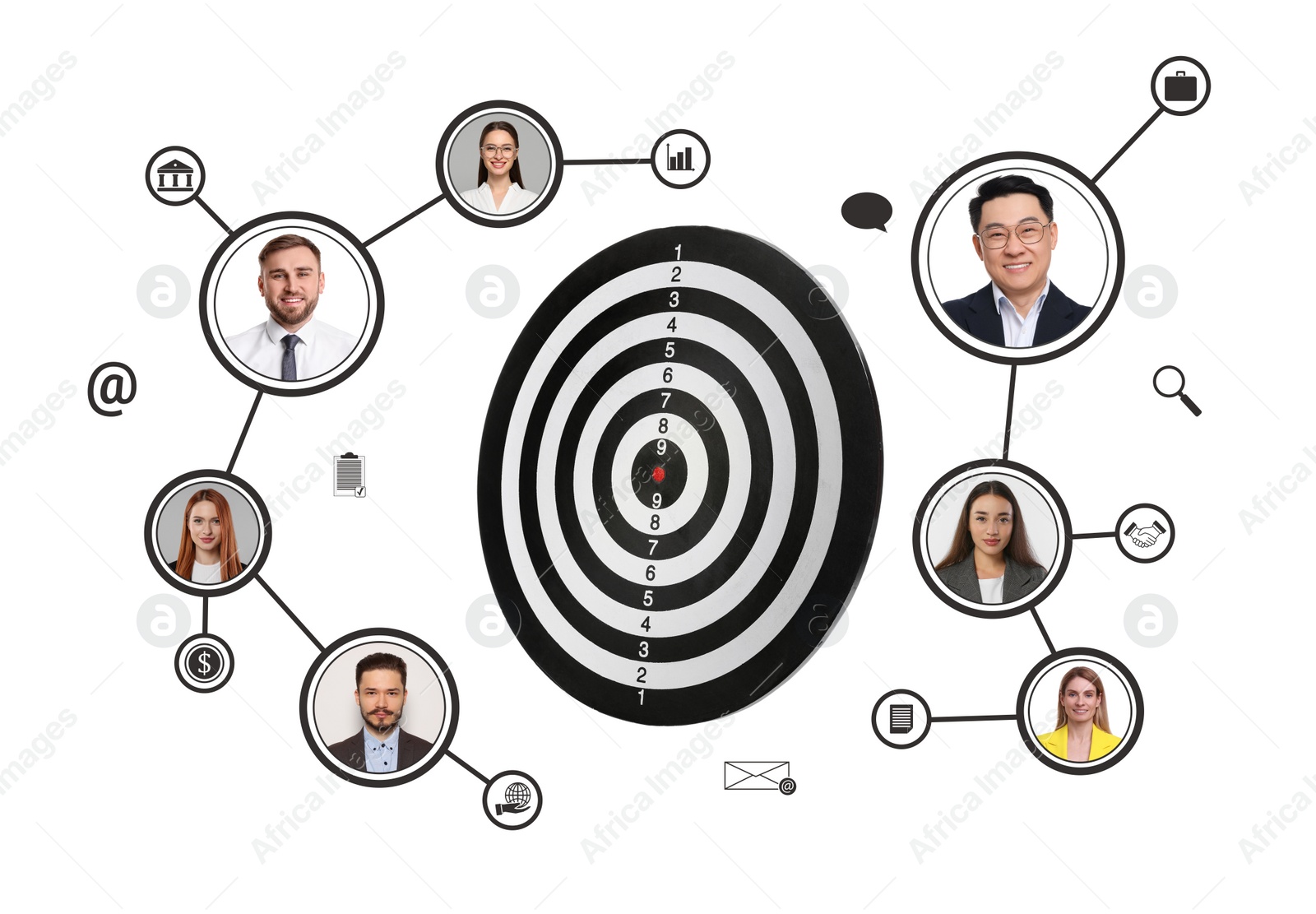 Image of Target audience. Dartboard surrounded by photos of potential clients linked together and icons on white background