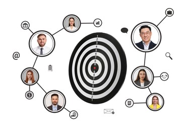 Target audience. Dartboard surrounded by photos of potential clients linked together and icons on white background