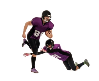 Photo of Men in uniform playing American football on white background