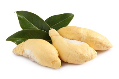 Photo of Pieces of fresh ripe durian and leaves on white background