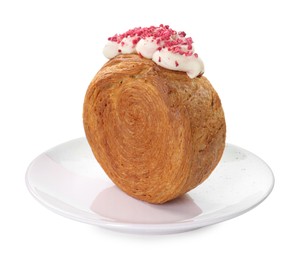 Photo of Round croissant with cream isolated on white. Tasty puff pastry