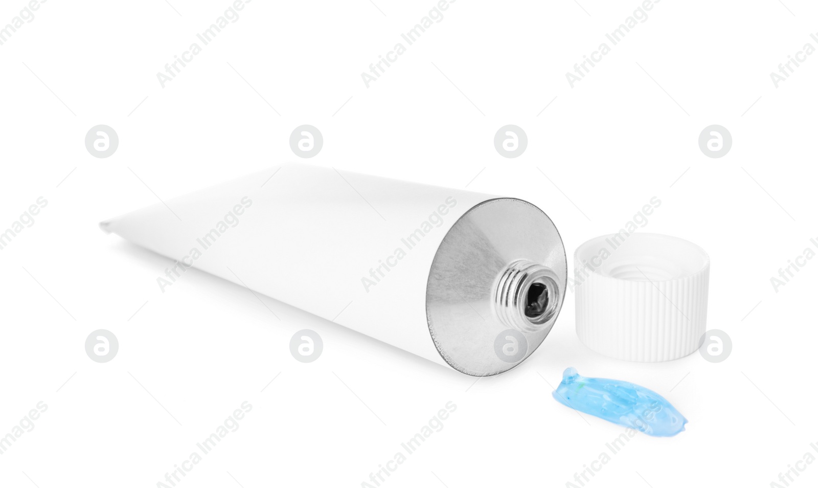 Photo of Open tube with ointment on white background