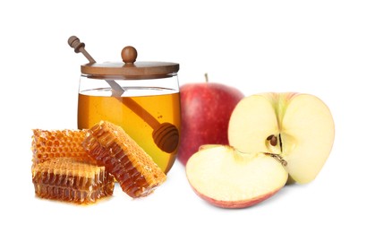 Image of Natural sweet honey and tasty fresh apples on white background