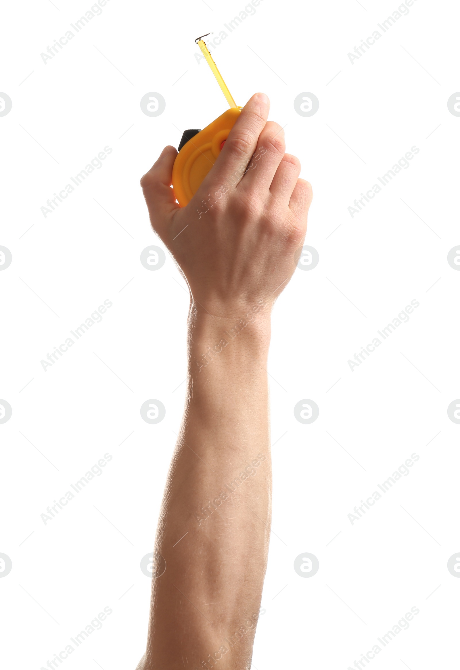 Photo of Man holding measuring tape on white background. Construction tools