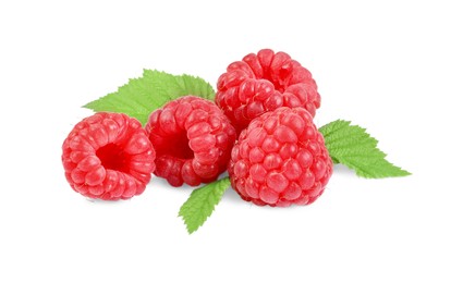 Photo of Many fresh ripe raspberries and green leaves isolated on white