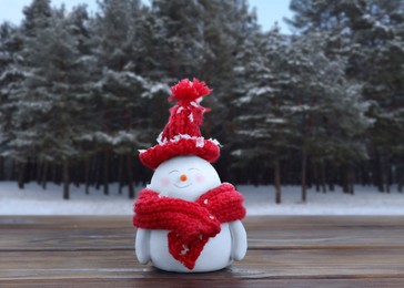 Image of Cute decorative snowman in red hat and scarf on wooden table in forest