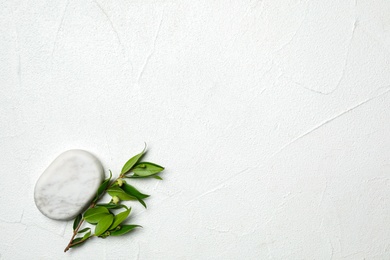 Photo of Spa stone and branch of plant on white table, flat lay. Space for text