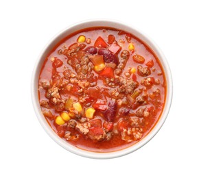 Photo of Bowl with tasty chili con carne on white background, top view