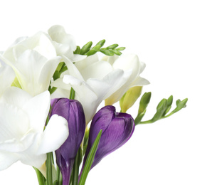 Photo of Bouquet of beautiful spring flowers on white background