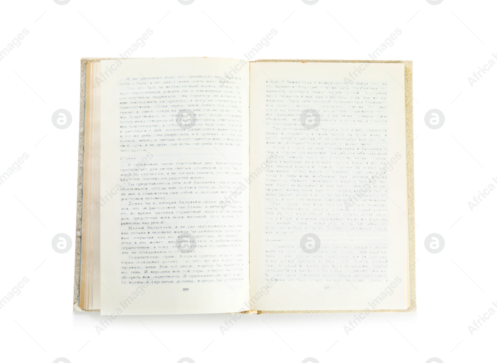 Photo of Open old hardcover book isolated on white, top view