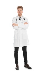 Photo of Full length portrait of medical doctor with stethoscope isolated on white