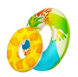 Photo of Different bright inflatable rings on white background. Summer holidays