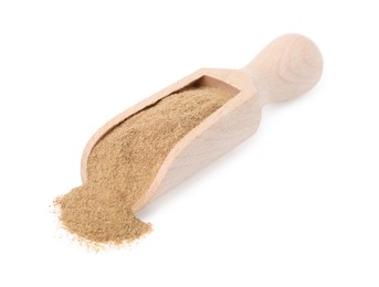 Dietary fiber. Psyllium husk powder in scoop isolated on white