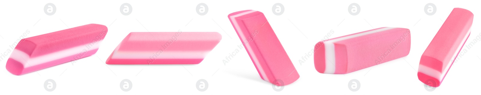 Image of Collage of rubber erasers on white background. Banner design