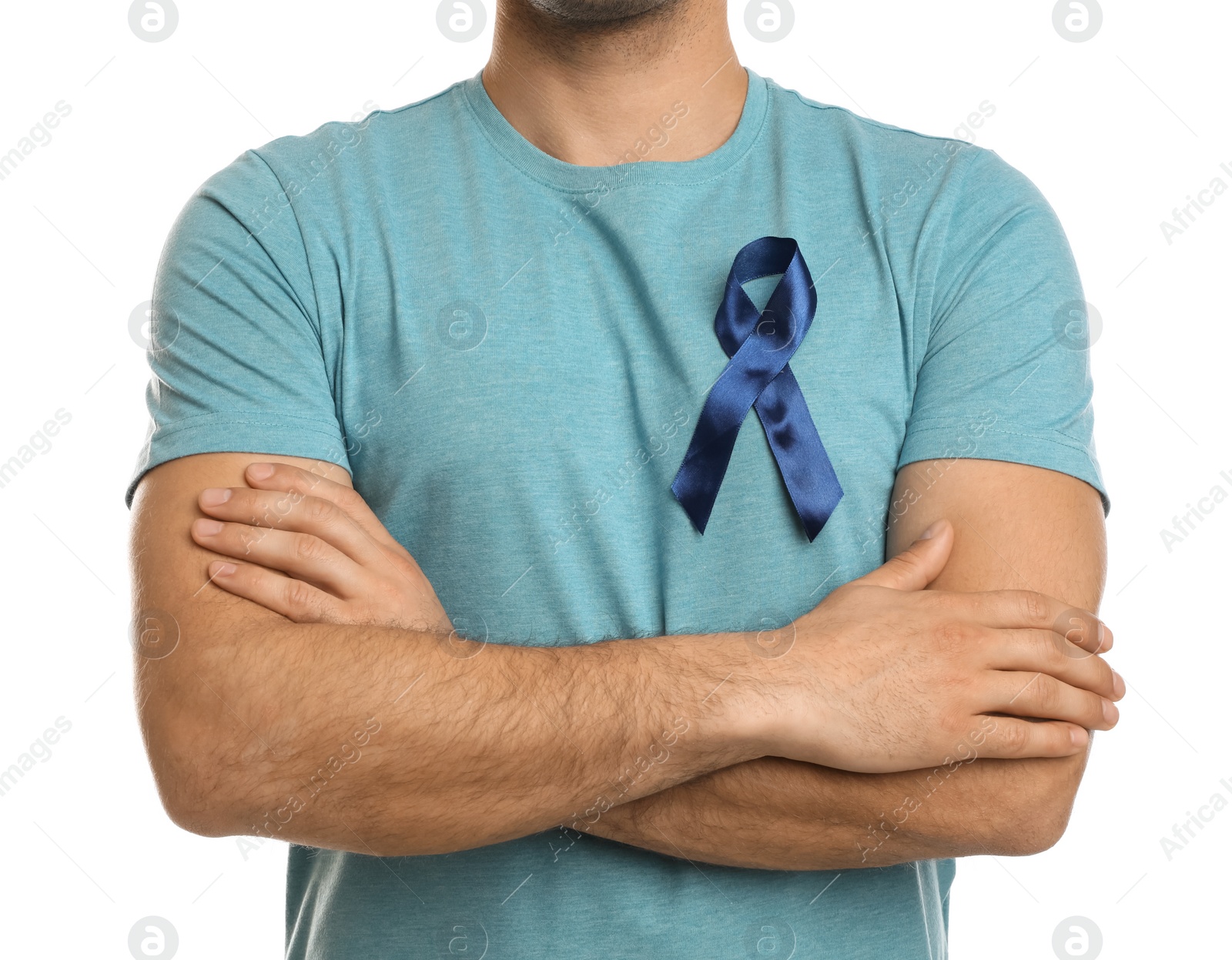 Photo of Man with blue ribbon on white background, closeup. Urology cancer awareness