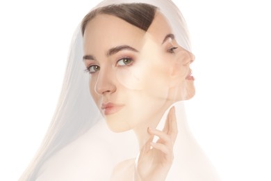 Double exposure of beautiful young woman on white background