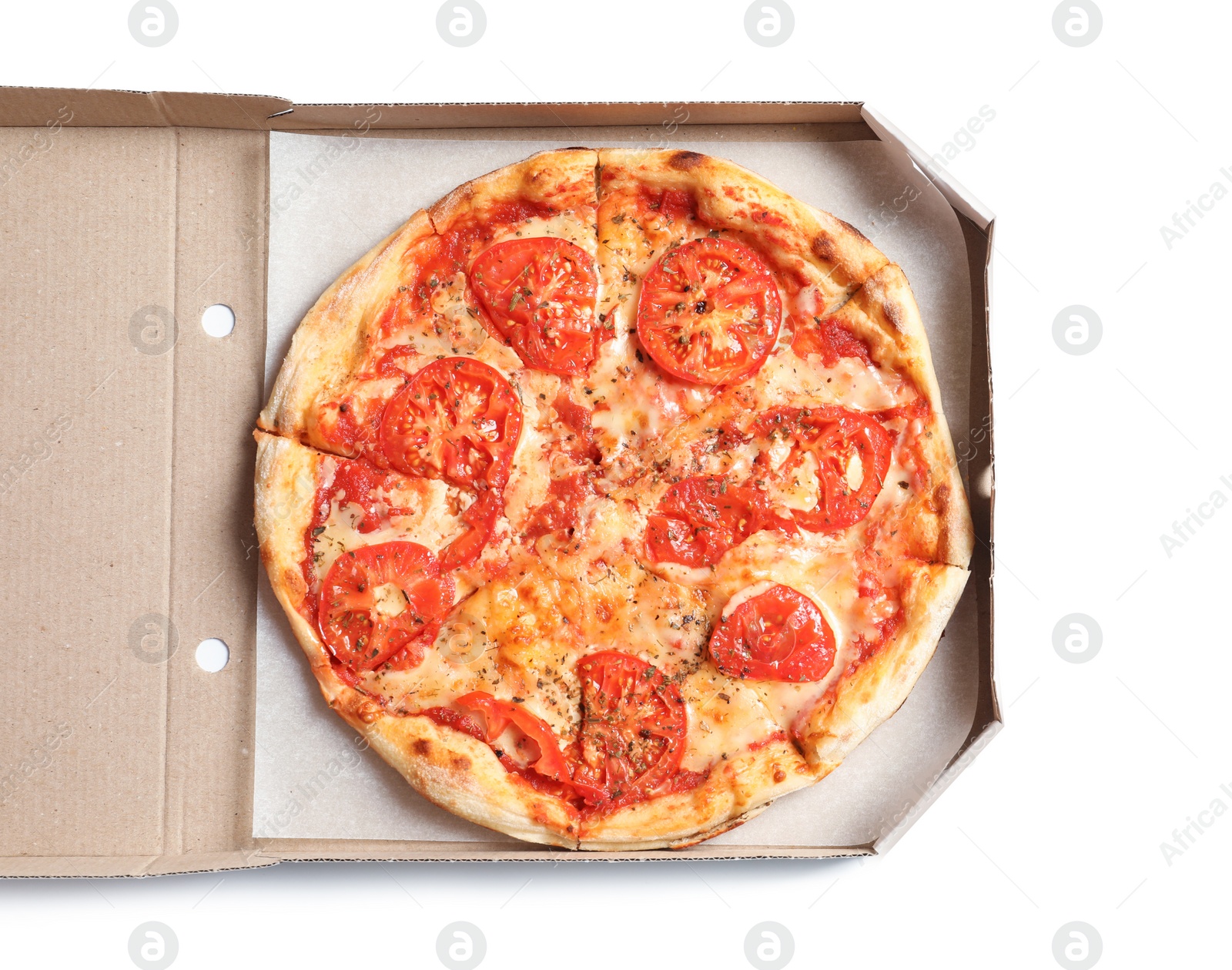 Photo of Carton box with hot cheese pizza Margherita on white background, top view