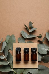 Aromatherapy. Bottles of essential oil and eucalyptus branches on brown background, flat lay