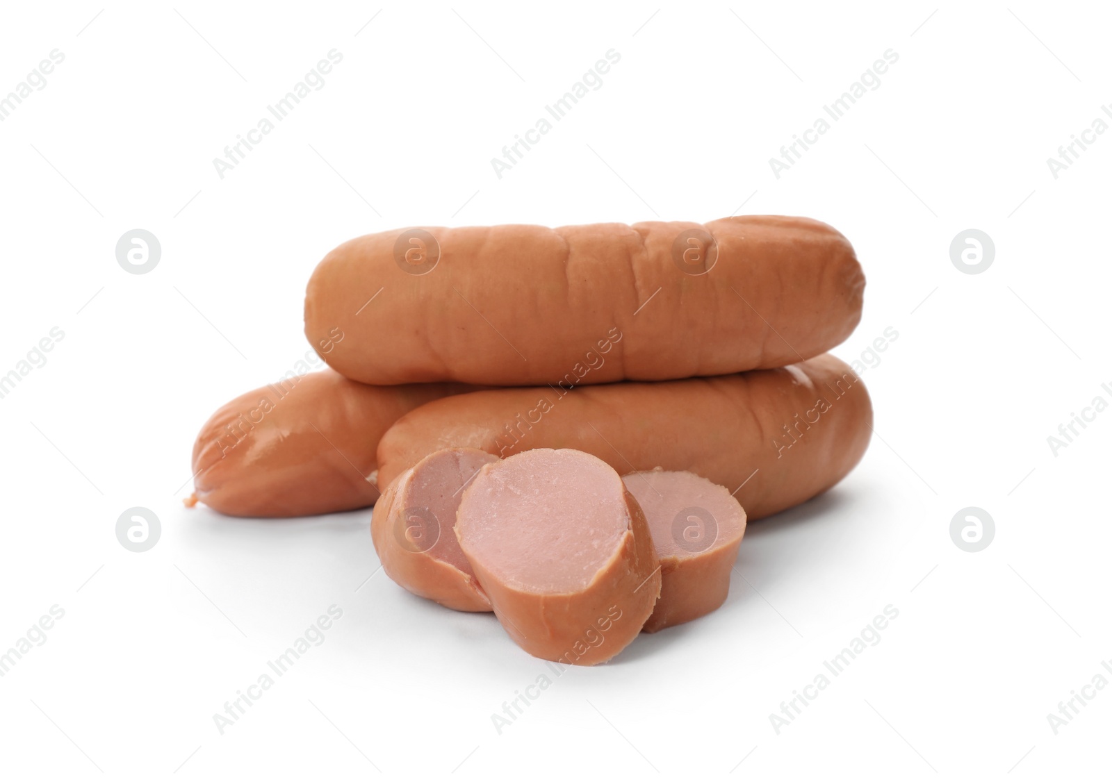 Photo of Tasty sausages on white background. Meat product